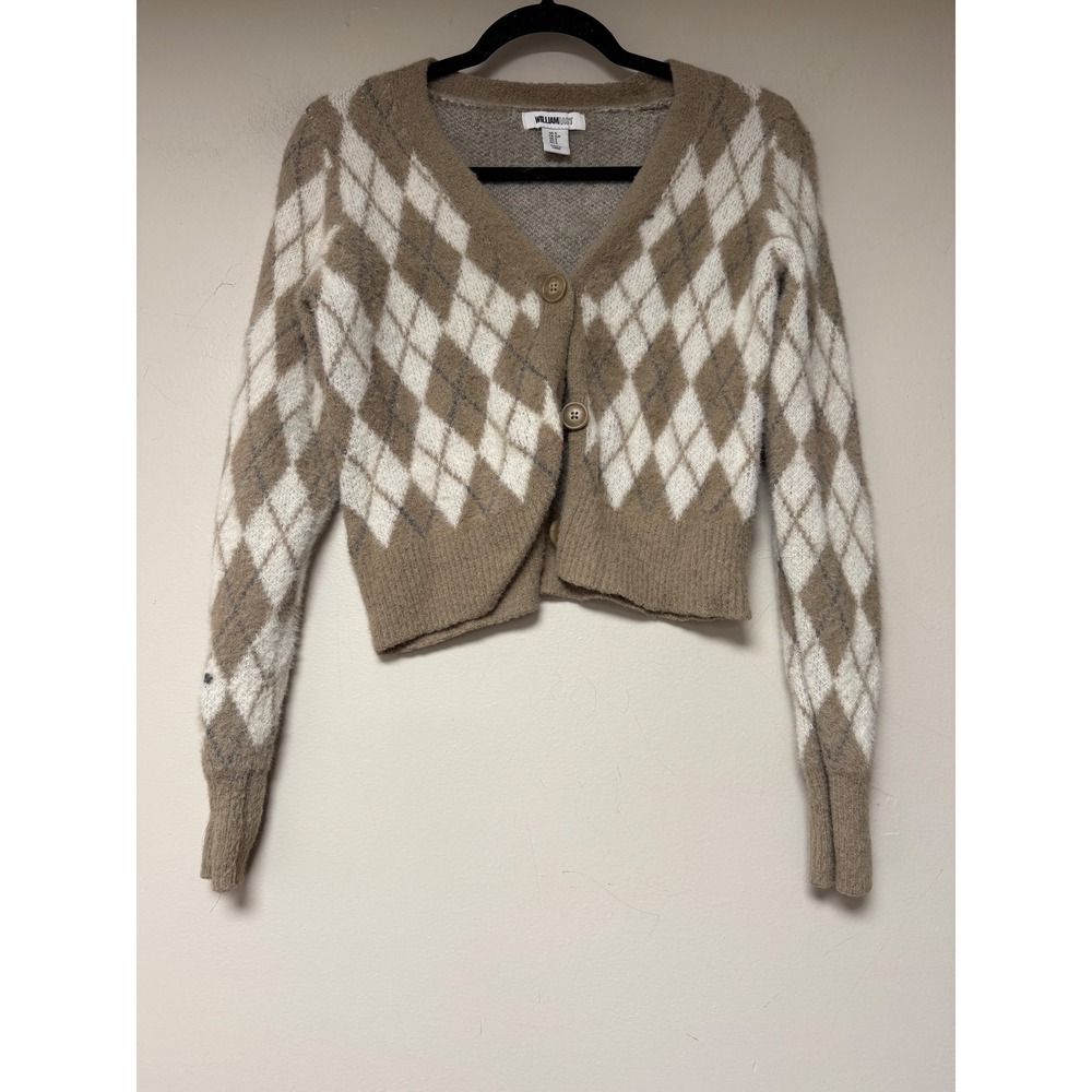William Rast Argyle Cardigan Sweater Women's Small Button Front Knit Brown White